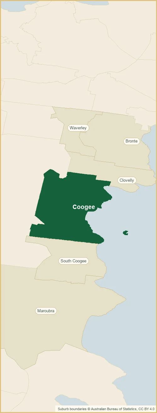 Map of the Coogee plumbing service area, covering Bronte, Clovelly, Maroubra, South Coogee and Waverley