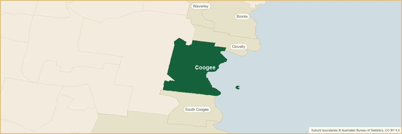Map of the Coogee plumbing service area, covering Bronte, Clovelly, Maroubra, South Coogee and Waverley